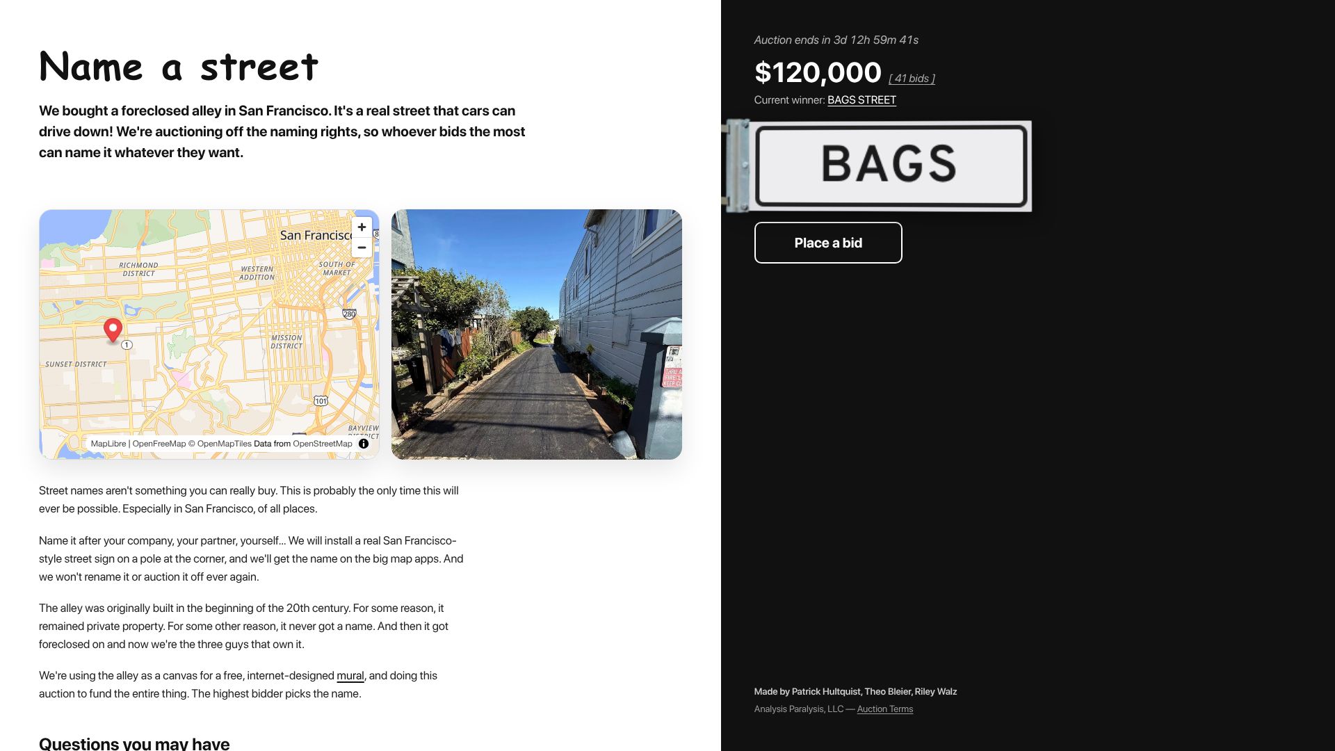 Screenshot of paintastreet.com: Naming rights to street auctioned in San Francisco