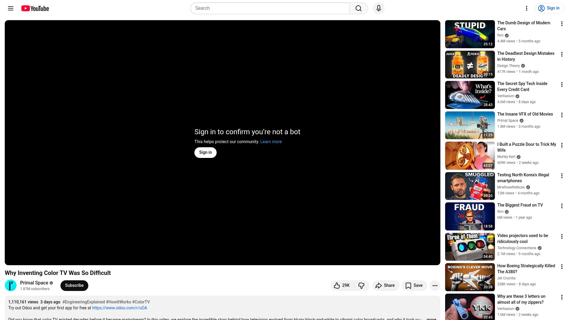 Screenshot of youtube.com: Why Inventing Color TV Was So Difficult [video]