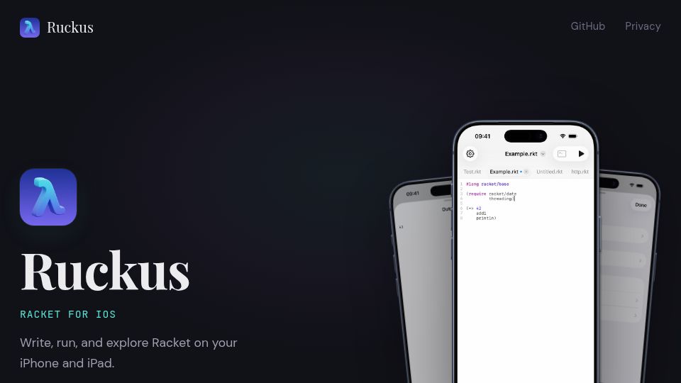 Screenshot of ruckus.defn.io: Ruckus: Racket for iOS