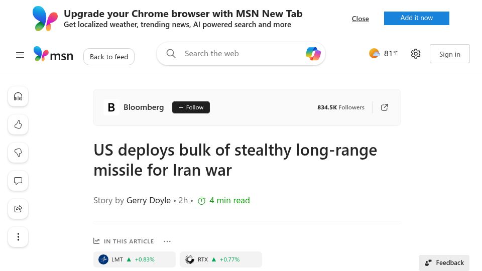 Screenshot of msn.com: US deploying nearly all stealthy long-range JASSM-ER cruise missiles to Iran war