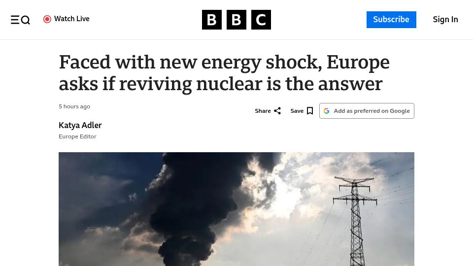 Screenshot of bbc.com: Europe asks if reviving nuclear is the answer to energy shocks