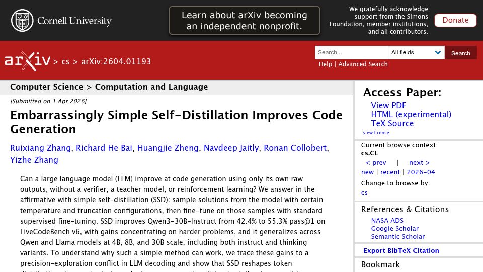 Screenshot of arxiv.org: Embarrassingly simple self-distillation improves code generation