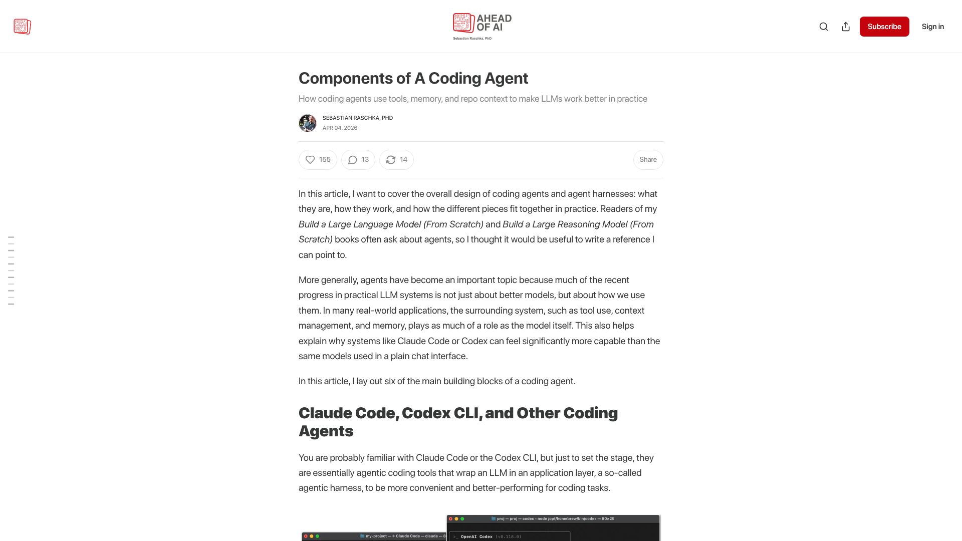 Screenshot of magazine.sebastianraschka.com: Components of a Coding Agent