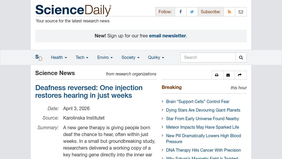 Screenshot of sciencedaily.com: A new gene therapy is giving people born deaf the chance to hear