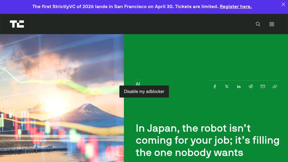 Screenshot of techcrunch.com: In Japan, the robot isn't coming for your job; it's filling the one nobody wants