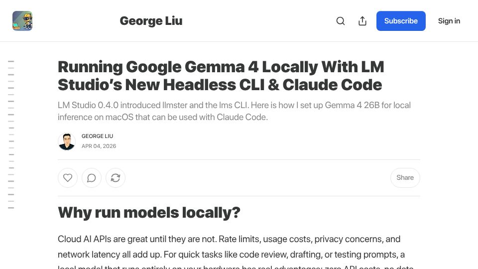 Screenshot of ai.georgeliu.com: Running Gemma 4 locally with LM Studio's new headless CLI and Claude Code