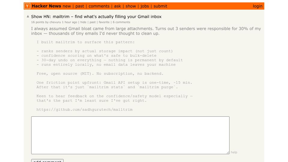 Screenshot of Hacker News post: Show HN: mailtrim – find what's actually filling your Gmail inbox