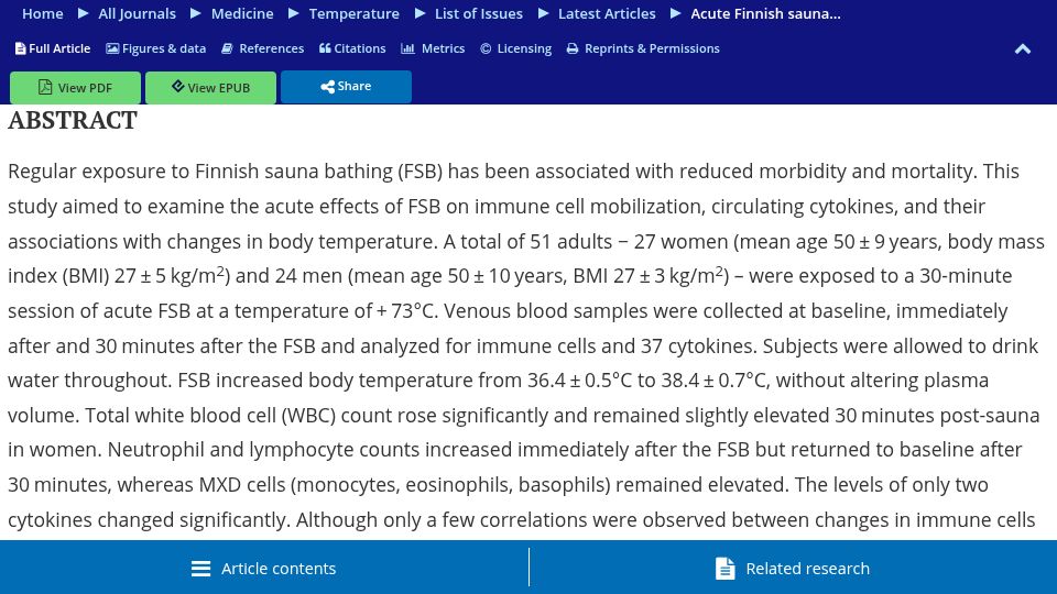 Screenshot of tandfonline.com: Finnish sauna heat exposure induces stronger immune cell than cytokine responses