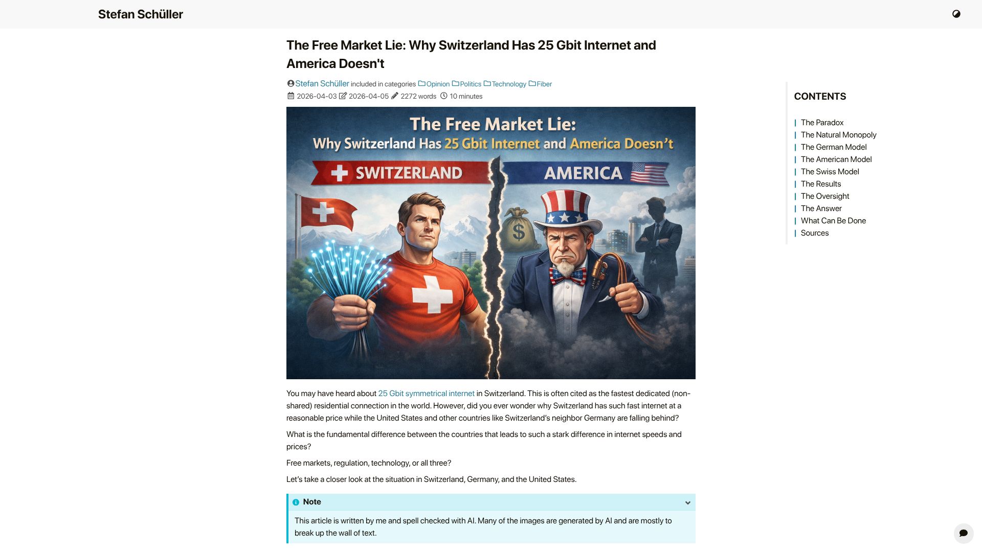 Screenshot of sschueller.github.io: Why Switzerland has 25 Gbit internet and America doesn't
