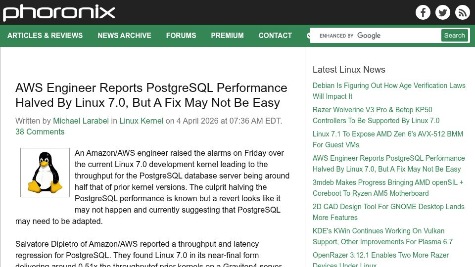 Screenshot of phoronix.com: AWS engineer reports PostgreSQL perf halved by Linux 7.0, fix may not be easy