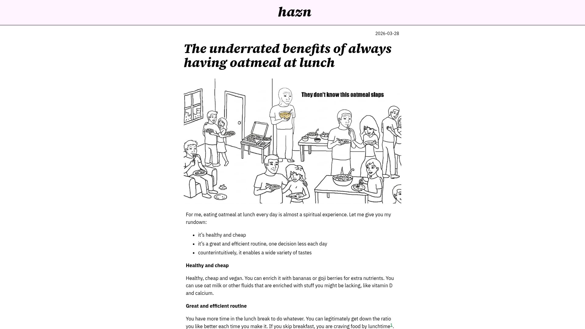 Screenshot of hazn.com: The underrated benefits of always having oatmeal at lunch
