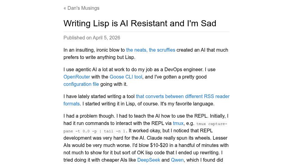 Screenshot of blog.djhaskin.com: Writing Lisp is AI resistant and I'm sad