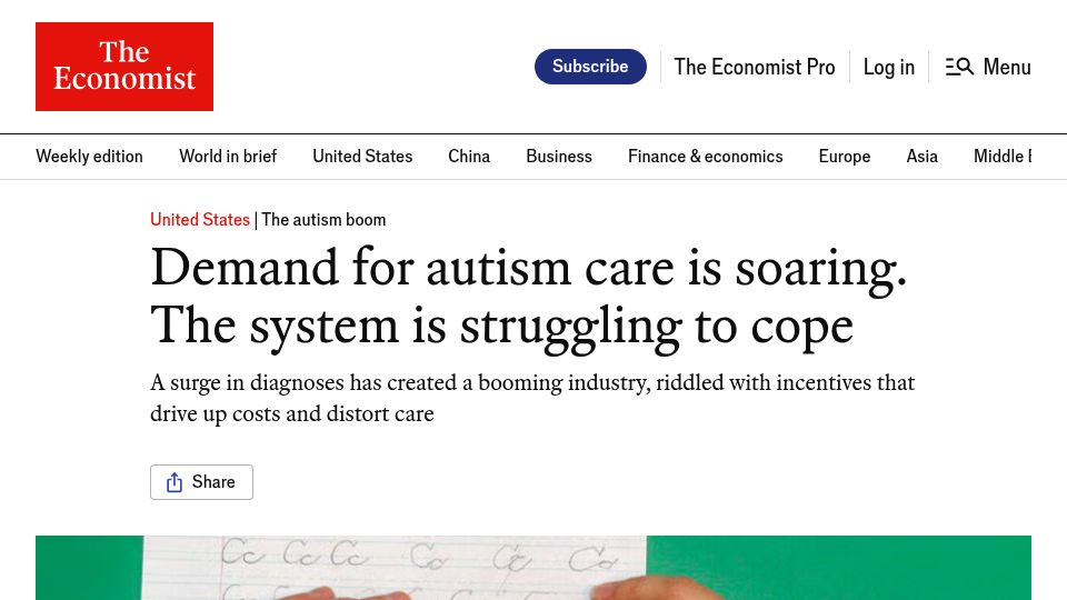 Screenshot of economist.com: Demand for autism care is soaring