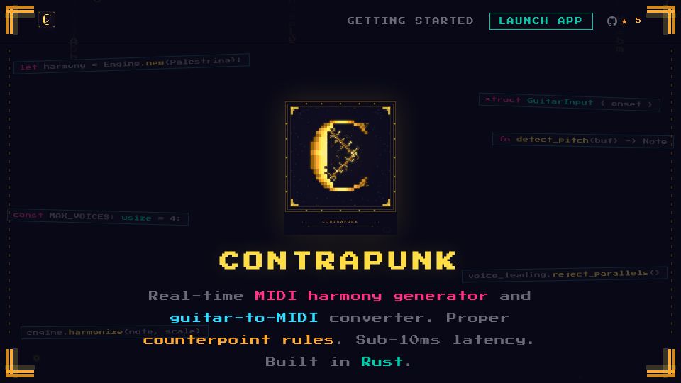 Screenshot of contrapunk.com: Show HN: Contrapunk – Real-time counterpoint harmony from guitar input