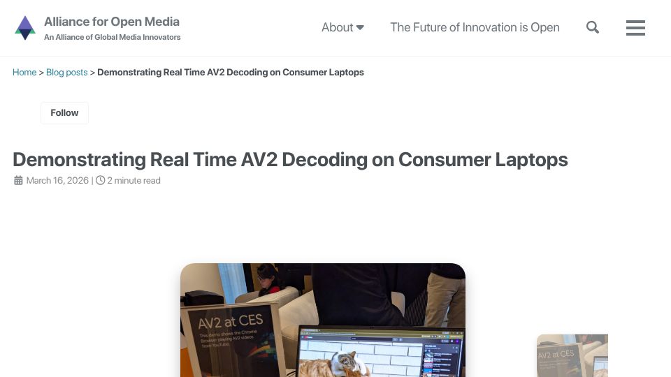 Screenshot of aomedia.org: Demonstrating Real Time AV2 Decoding on Consumer Laptops