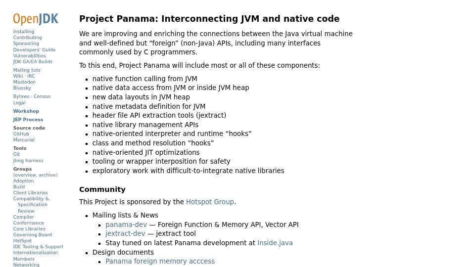 Screenshot of openjdk.org: OpenJDK: Panama