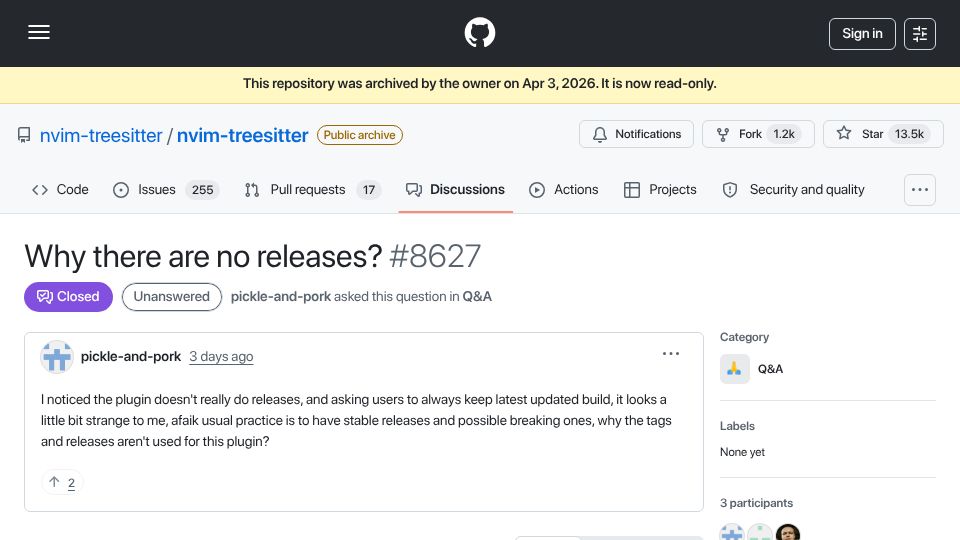 Screenshot of github.com: Nvim-treesitter (13K+ Stars) is Archived