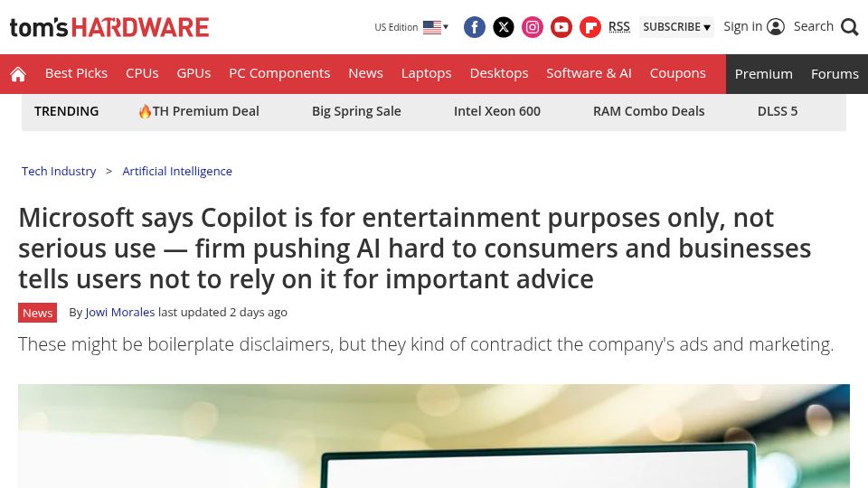 Screenshot of tomshardware.com: Microsoft terms say Copilot is for entertainment purposes only, not serious use