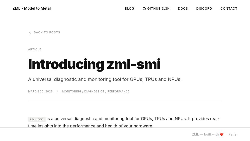 Screenshot of zml.ai: Zml-smi: universal monitoring tool for GPUs, TPUs and NPUs