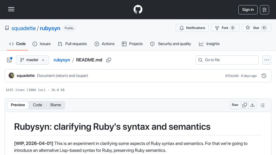 Screenshot of github.com: Rubysyn: Clarifying Ruby's Syntax and Semantics
