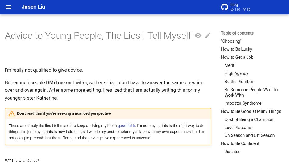 Screenshot of jxnl.co: Advice to young people, the lies I tell myself (2024)