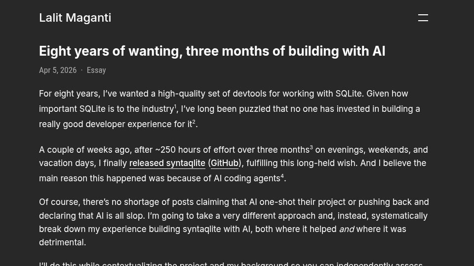 Screenshot of lalitm.com: Eight years of wanting, three months of building with AI
