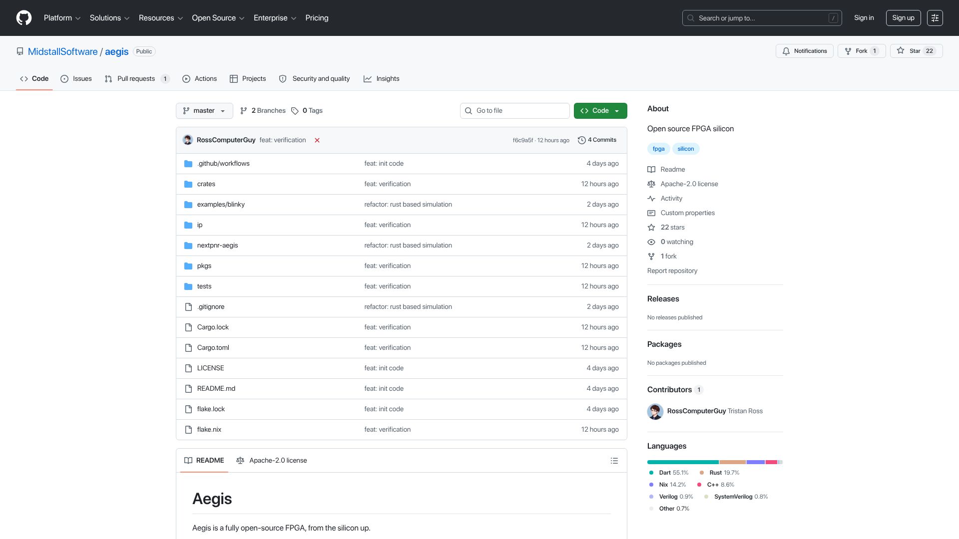 Screenshot of github.com: Aegis – open-source FPGA silicon