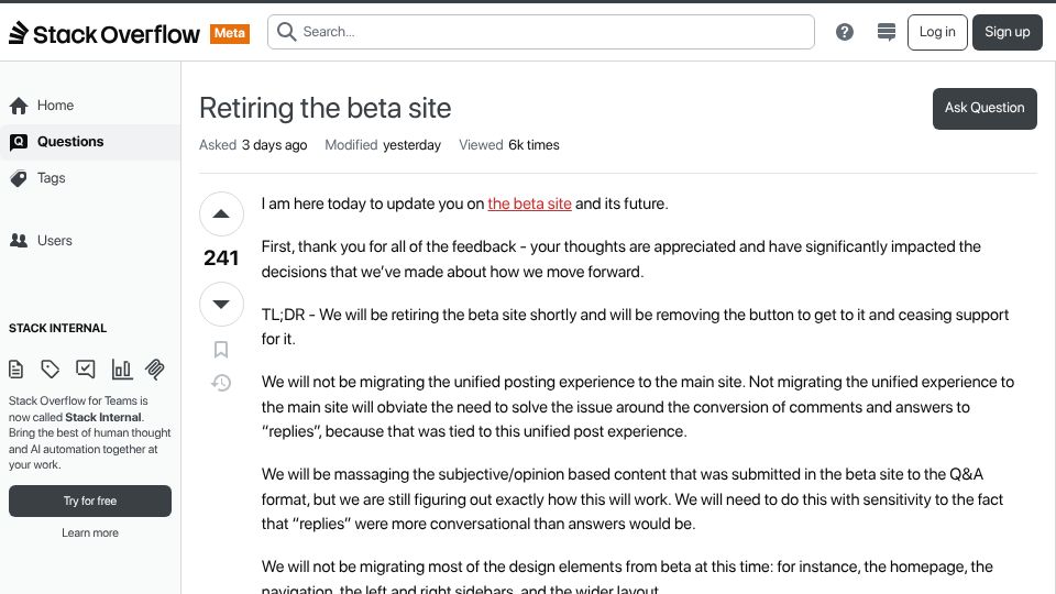 Screenshot of meta.stackoverflow.com: StackOverflow: Retiring the Beta Site