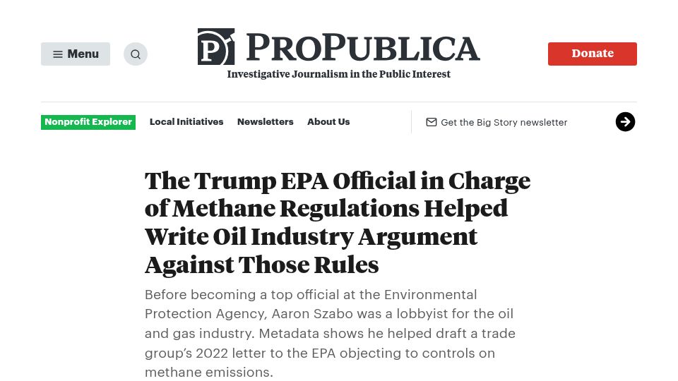 Screenshot of propublica.org: EPA Official in Charge of Methane Regs Wrote Oil Industry Argument Against Them