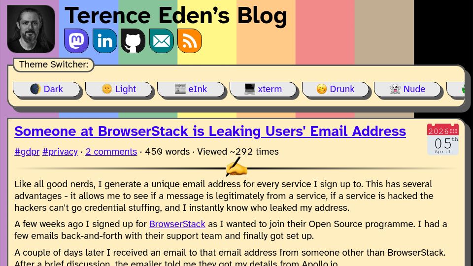Screenshot of shkspr.mobi: Someone at BrowserStack is leaking users' email addresses