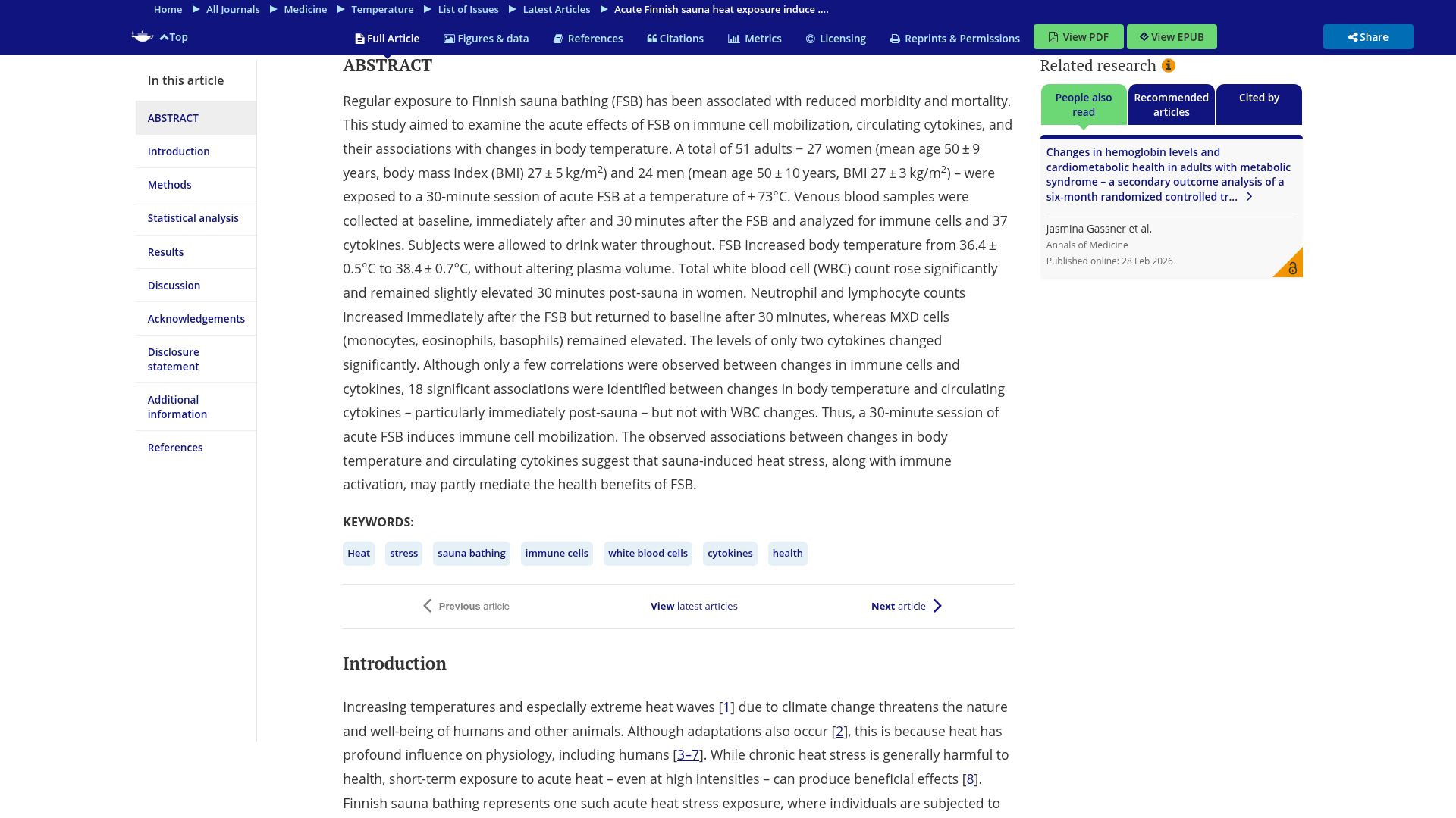 Screenshot of tandfonline.com: Finnish sauna heat exposure induces stronger immune cell than cytokine responses