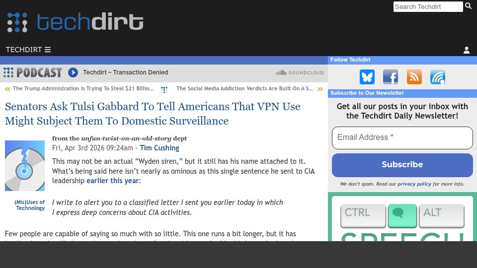 Screenshot of techdirt.com: Sens Ask Gabbard to Tell Americans That VPN Use Subjects Them to Surveillance