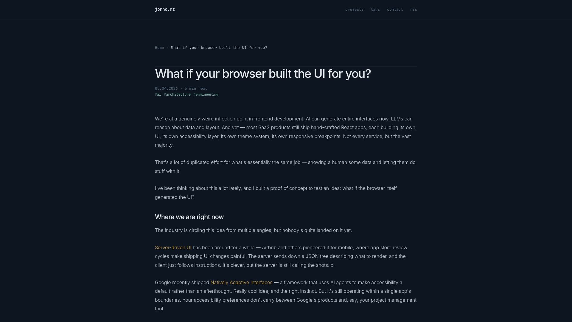 Screenshot of jonno.nz: What if the browser built the UI for you?