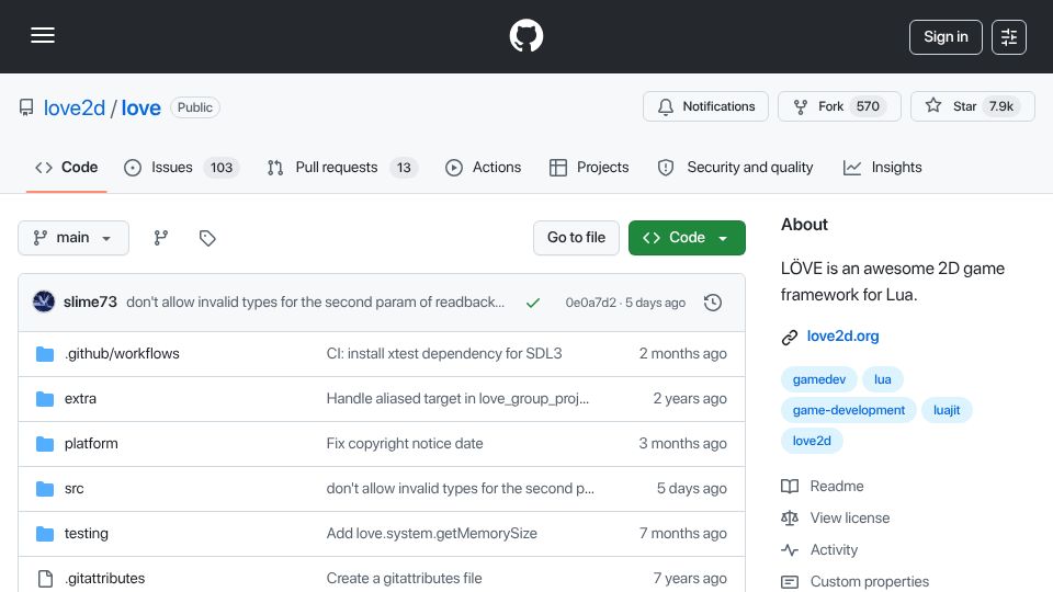 Screenshot of github.com: LÖVE: 2D Game Framework for Lua