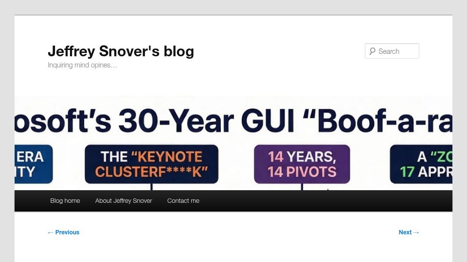 Screenshot of jsnover.com: Microsoft hasn't had a coherent GUI strategy since Petzold
