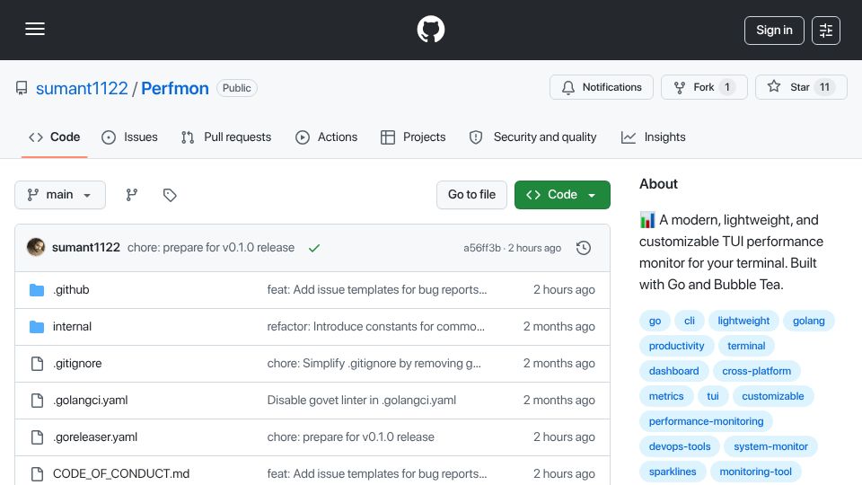 Screenshot of github.com: Perfmon – Consolidate your favorite CLI monitoring tools into a single TUI