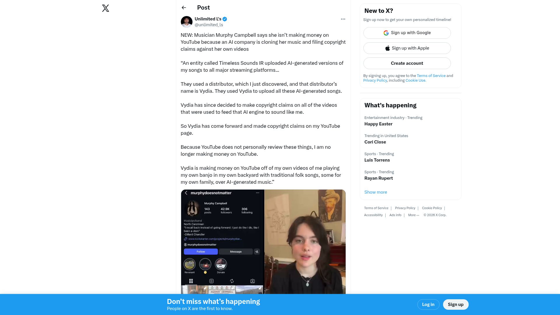 Screenshot of twitter.com: Musician says AI company is cloning her music, filing claims against her