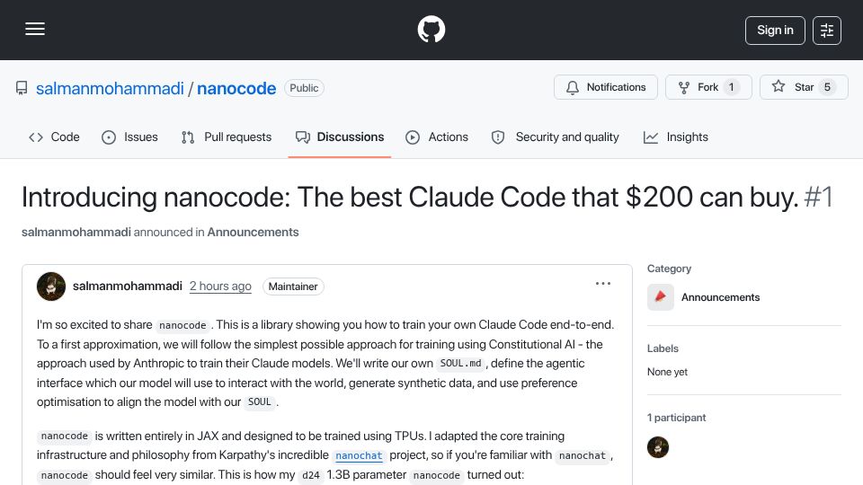 Screenshot of github.com: Nanocode: The best Claude Code that $200 can buy in pure JAX on TPUs