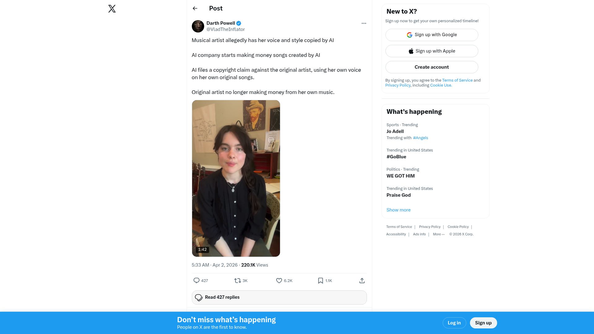 Screenshot of twitter.com: AI that copied musical artist files copyright claim against that artist