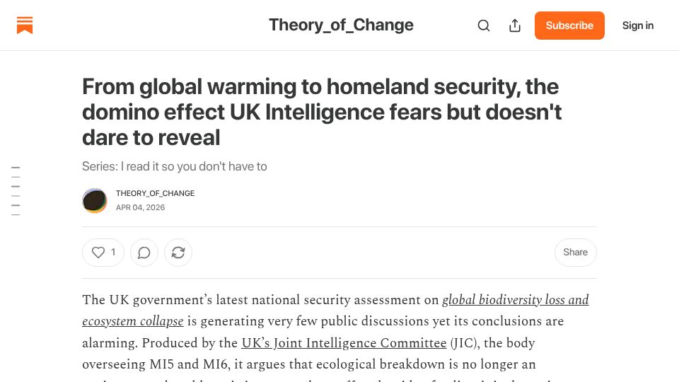 Screenshot of theoryofchange1.substack.com: UK intelligence censored report on global warming and homeland security