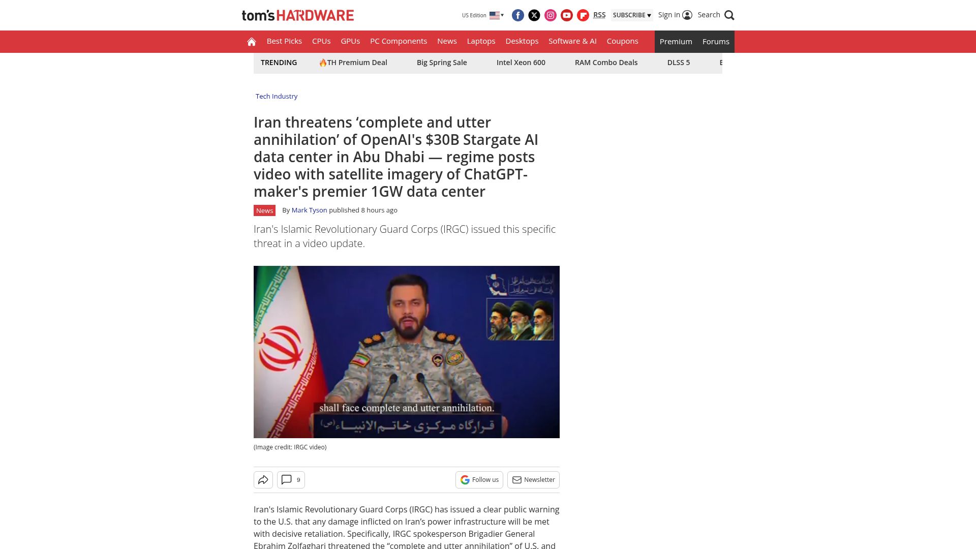 Screenshot of tomshardware.com: Iran threatens 'complete and utter annihilation' of OpenAI's $30B Stargate