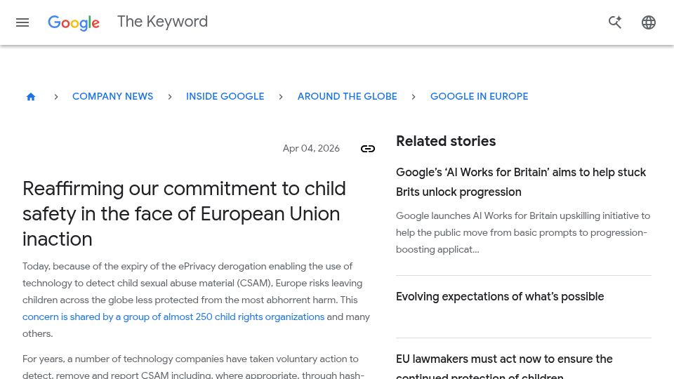 Screenshot of blog.google: Reaffirming our commitment to child safety in the face of EuropeanUnion inaction