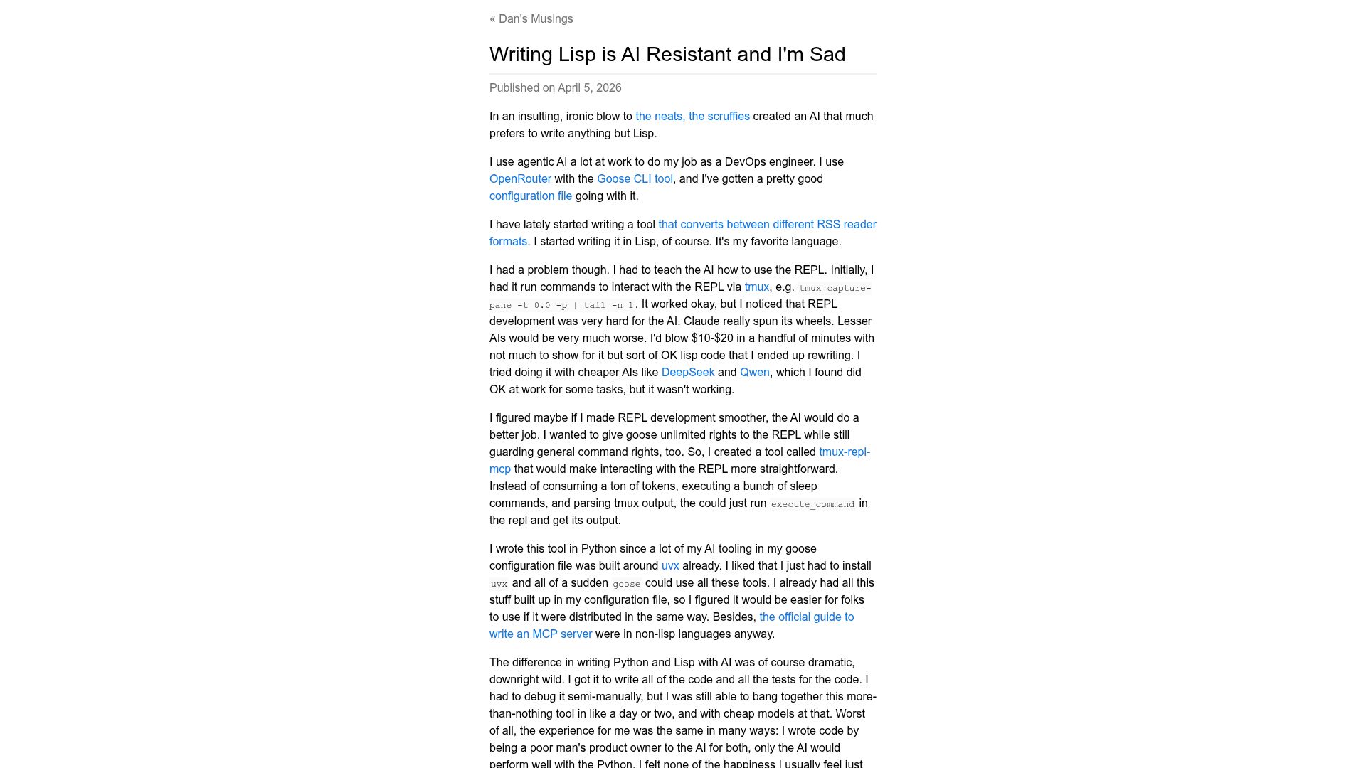 Screenshot of blog.djhaskin.com: Writing Lisp is AI resistant and I'm sad