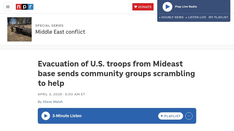 Screenshot of npr.org: Evacuation of U.S. troops from Mideast base sends community groups scrambling
