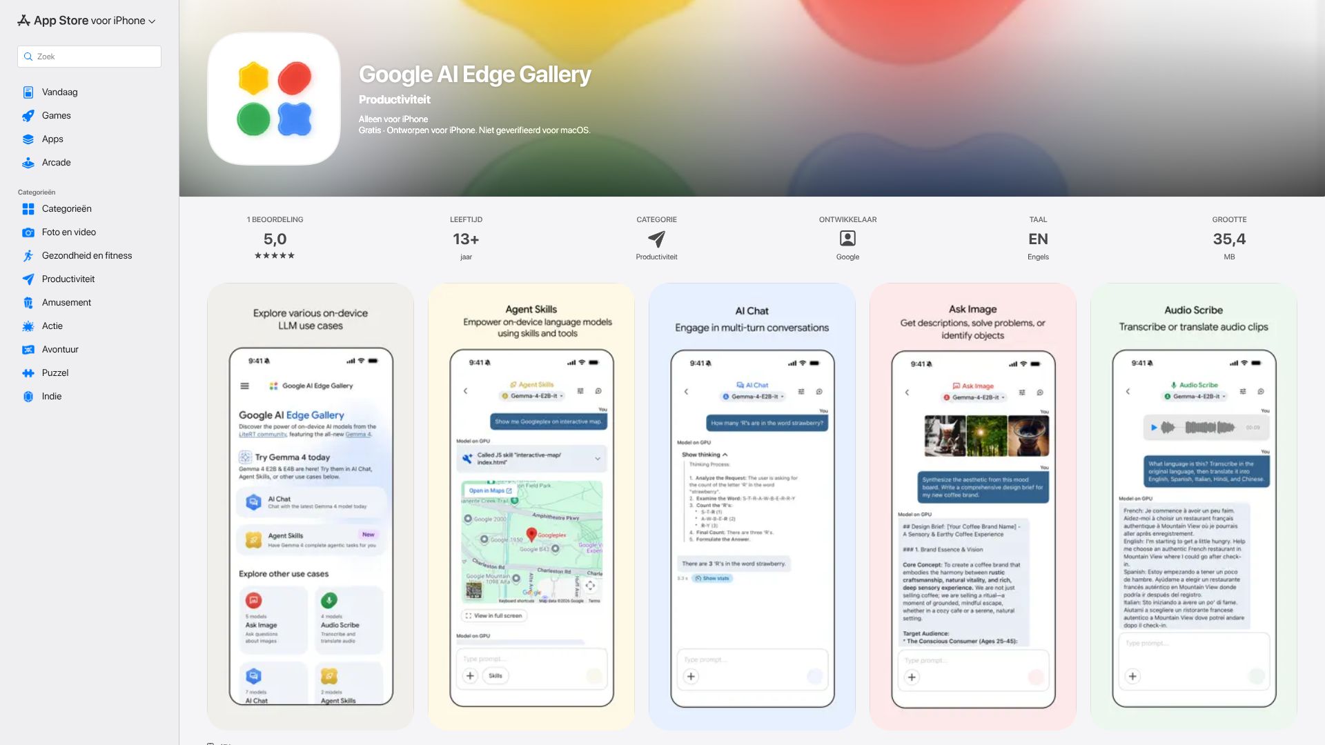 Screenshot of apps.apple.com: Gemma 4 on iPhone