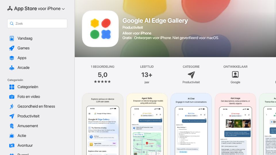 Screenshot of apps.apple.com: Gemma 4 on iPhone