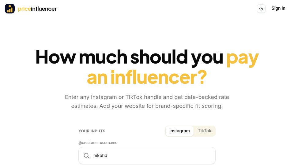 Screenshot of priceinfluencer.com: Show HN: Enter an Instagram/TikTok handle, get a data-backed price for collab
