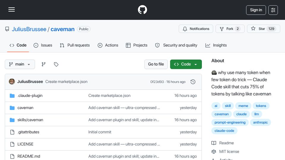 Screenshot of github.com: Caveman: Why use many token when few token do trick
