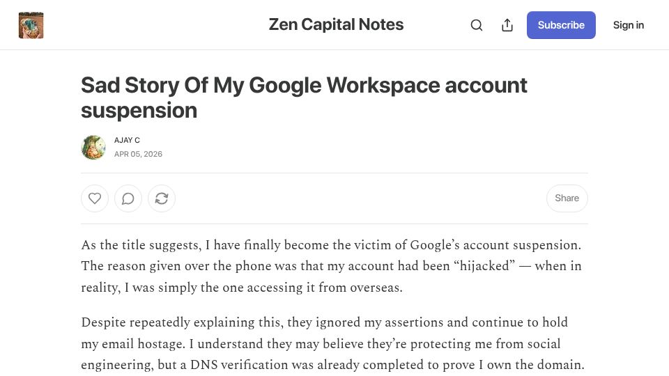 Screenshot of zencapital.substack.com: My Google Workspace account suspension