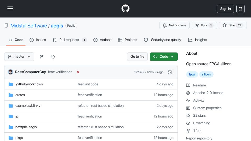Screenshot of github.com: Aegis – open-source FPGA silicon